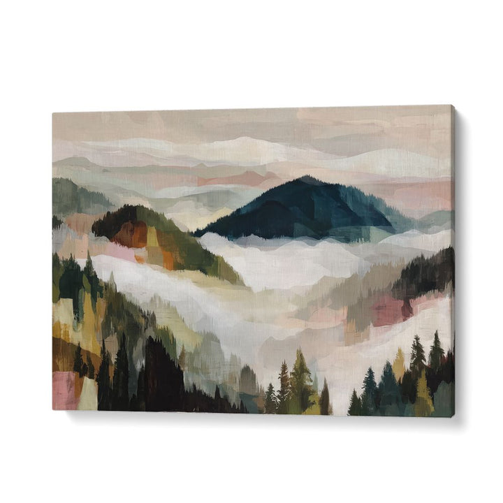 LAYERED MOUNTAIN VALLEY WITH PINE TREES