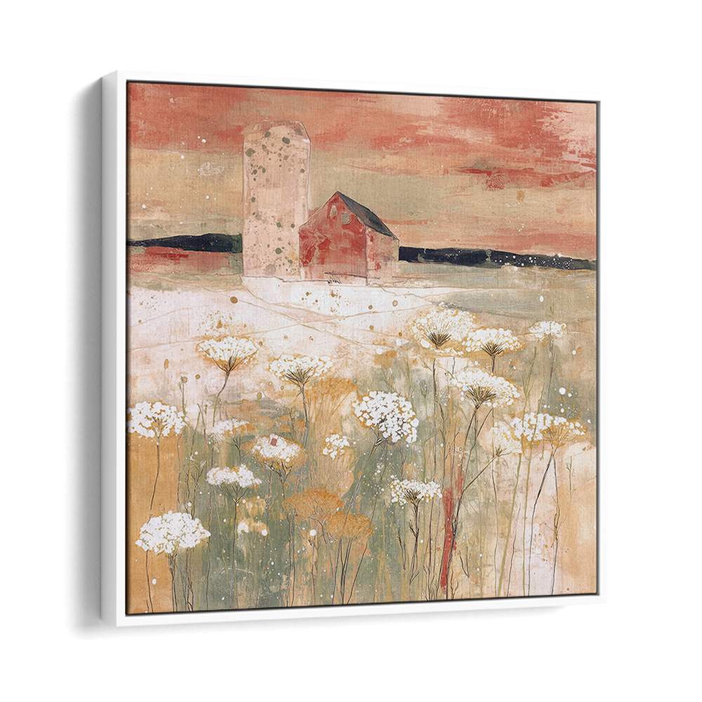 BARN AND SILO IN WILDFLOWER MEADOW