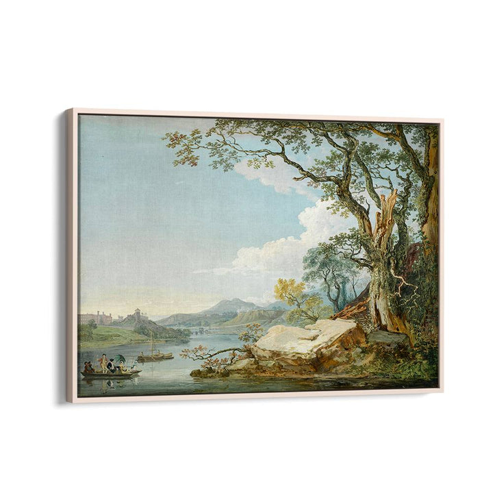 PEOPLE IN A BOAT ON A RIVER , VINTAGE LANDSCAPE