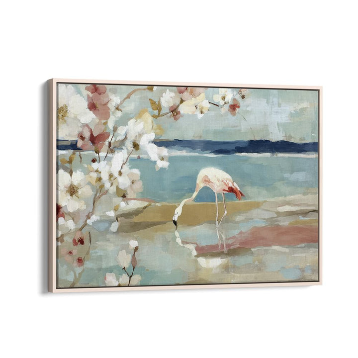 FLAMINGO UNDER CHERRY BLOSSOMS BY THE SHORE