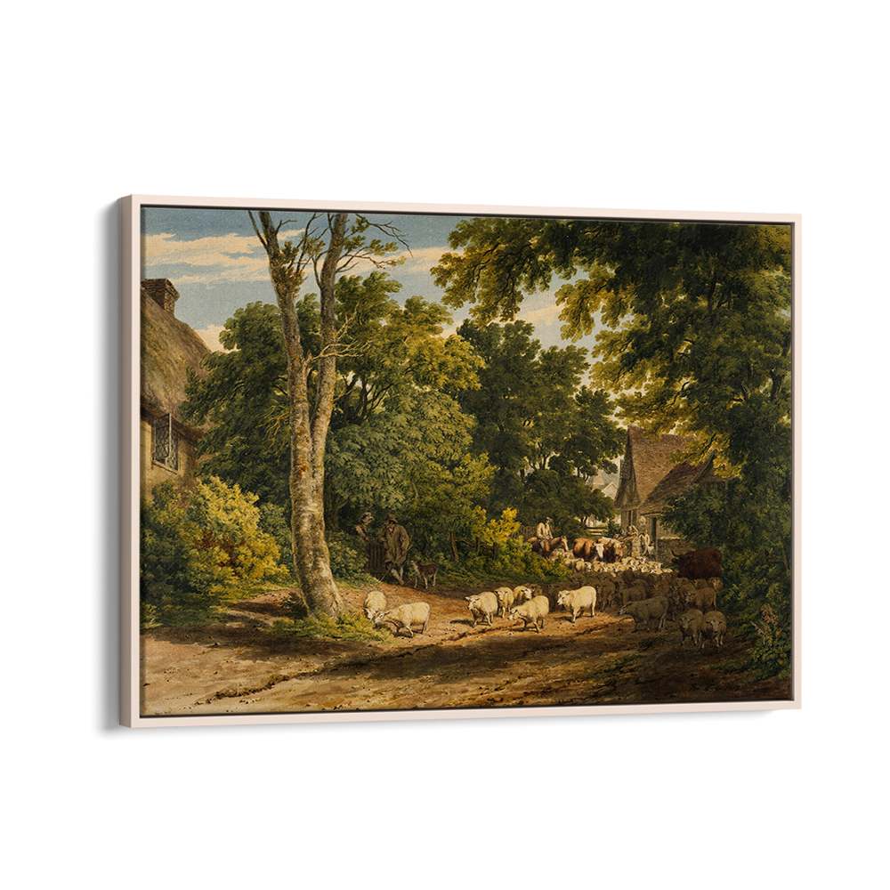 HERD OF SHEEP ON ROAD PAINTING ,VINTAGE LANDSCAPE