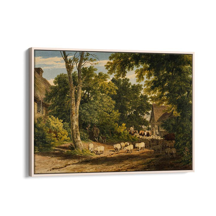 HERD OF SHEEP ON ROAD PAINTING ,VINTAGE LANDSCAPE