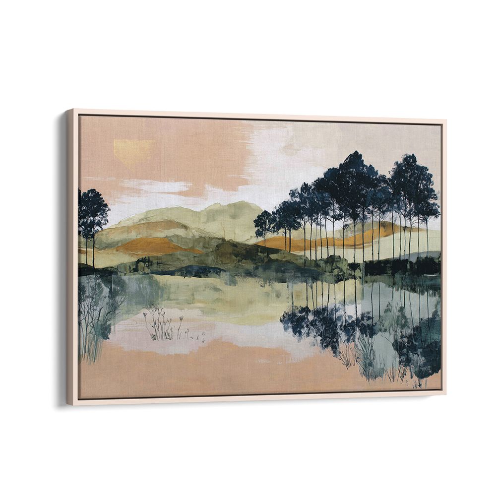 PINE TREES REFLECTED IN STILL LAKE
