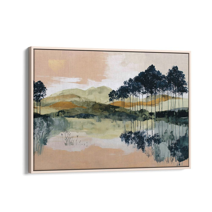 PINE TREES REFLECTED IN STILL LAKE