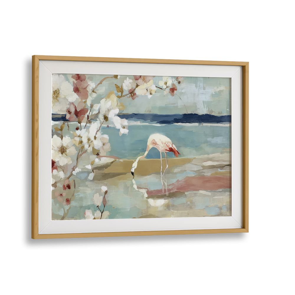 FLAMINGO UNDER CHERRY BLOSSOMS BY THE SHORE
