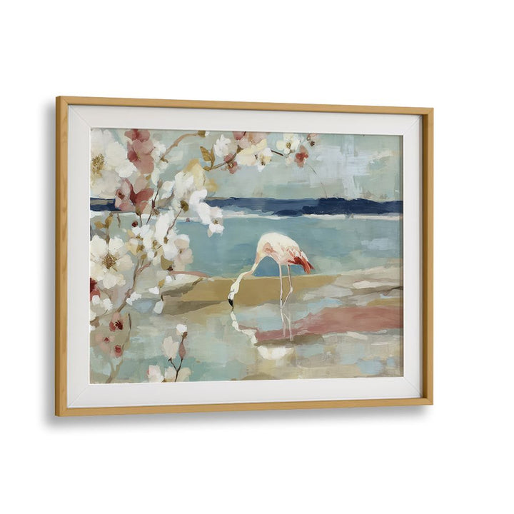 FLAMINGO UNDER CHERRY BLOSSOMS BY THE SHORE