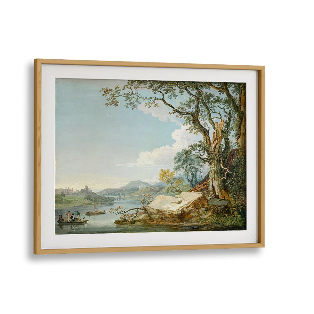PEOPLE IN A BOAT ON A RIVER , VINTAGE LANDSCAPE