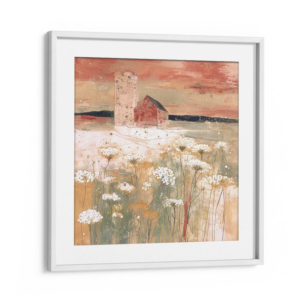 BARN AND SILO IN WILDFLOWER MEADOW