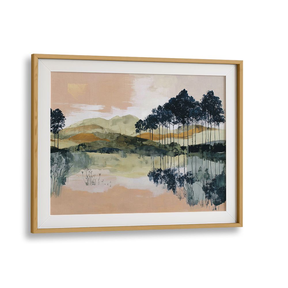 PINE TREES REFLECTED IN STILL LAKE