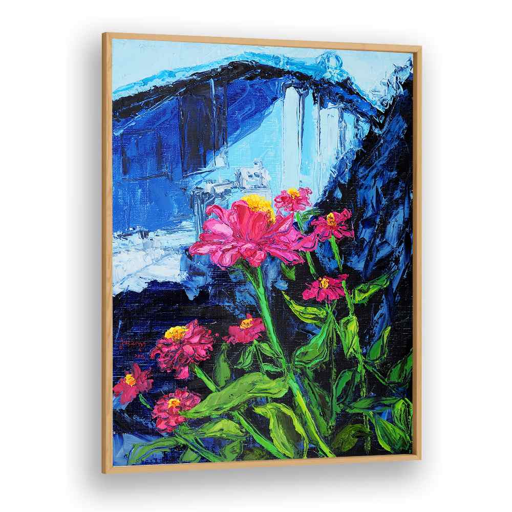 PINK ZINNIAS BLUE BACKDROP