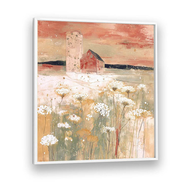 BARN AND SILO IN WILDFLOWER MEADOW