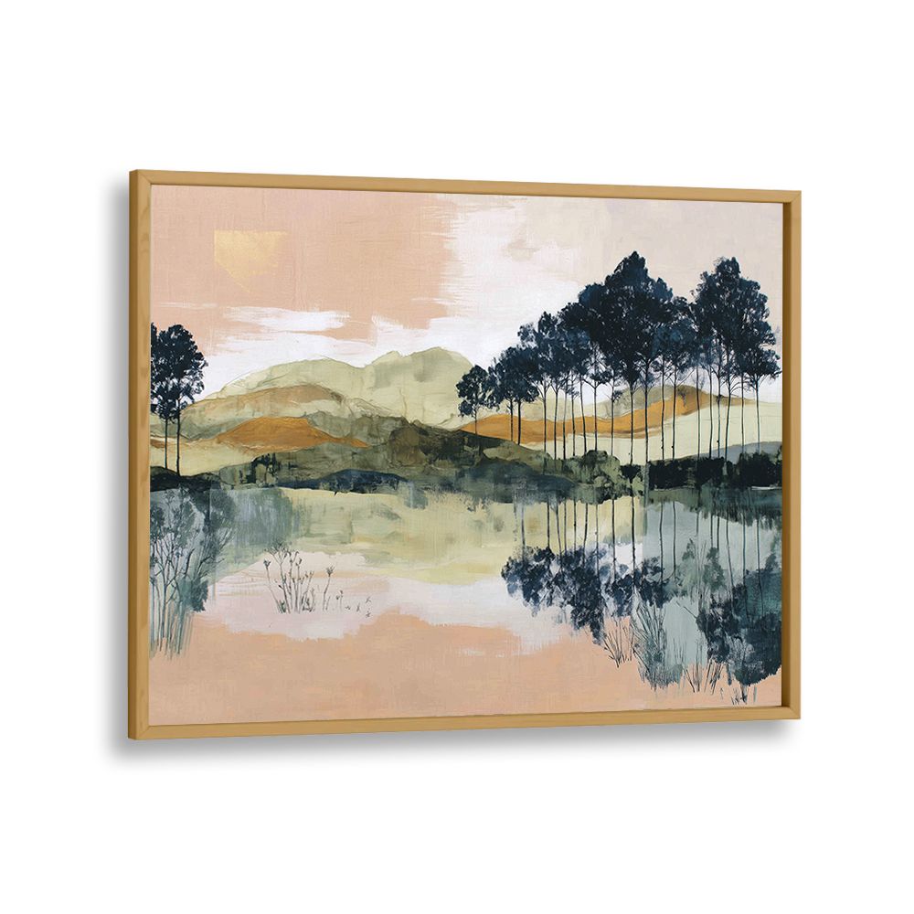 PINE TREES REFLECTED IN STILL LAKE