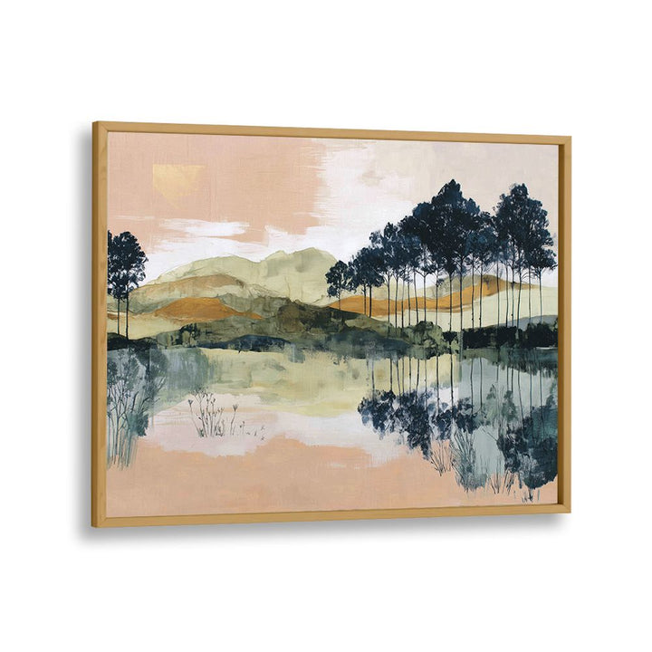 PINE TREES REFLECTED IN STILL LAKE