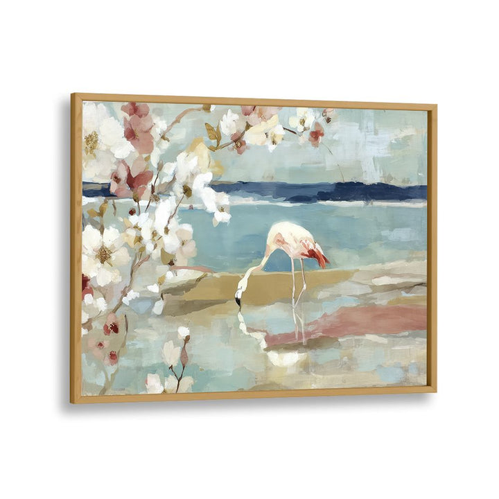 FLAMINGO UNDER CHERRY BLOSSOMS BY THE SHORE