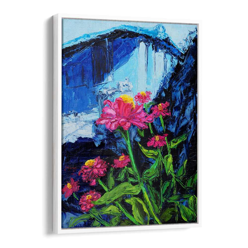PINK ZINNIAS BLUE BACKDROP