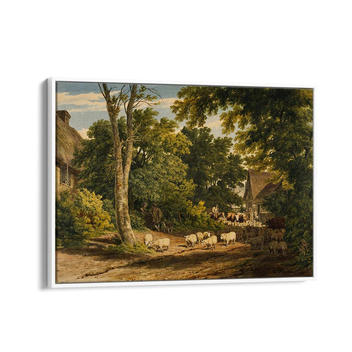HERD OF SHEEP ON ROAD PAINTING ,VINTAGE LANDSCAPE