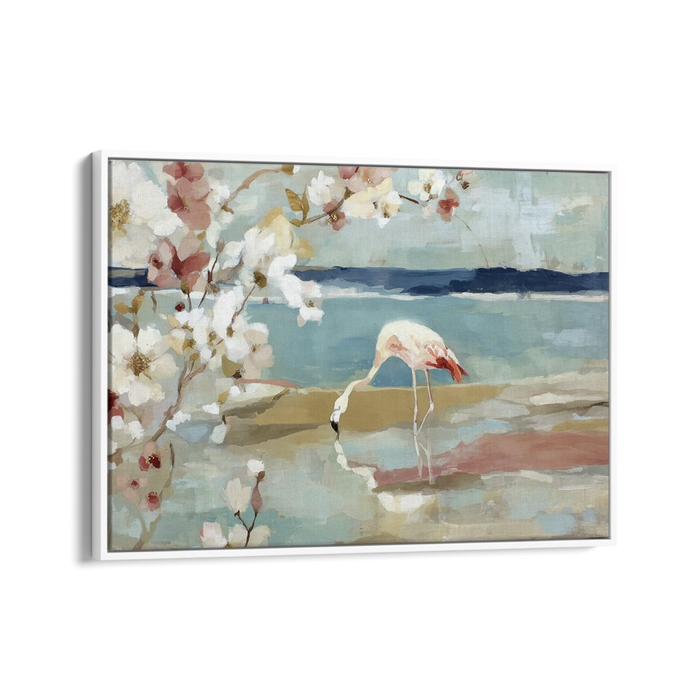 FLAMINGO UNDER CHERRY BLOSSOMS BY THE SHORE
