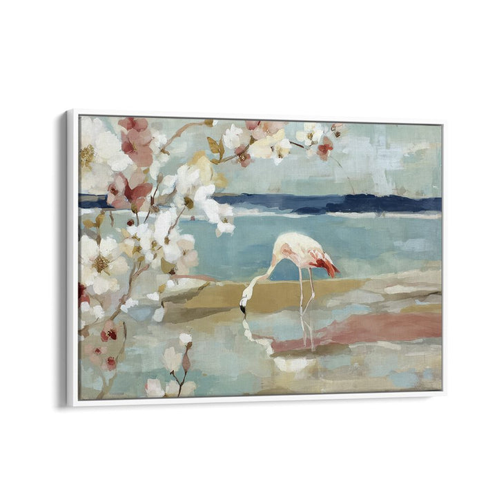 FLAMINGO UNDER CHERRY BLOSSOMS BY THE SHORE