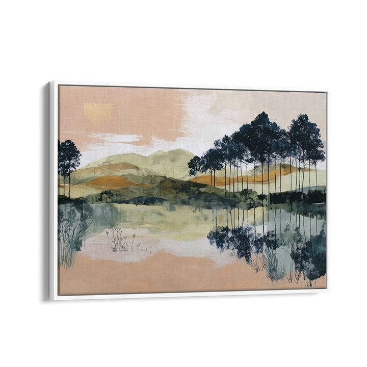PINE TREES REFLECTED IN STILL LAKE