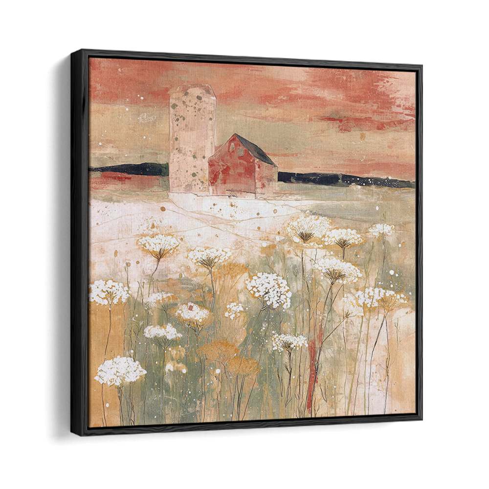 BARN AND SILO IN WILDFLOWER MEADOW