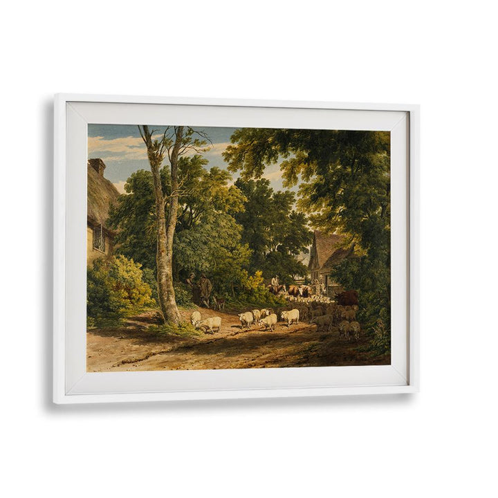 HERD OF SHEEP ON ROAD PAINTING ,VINTAGE LANDSCAPE
