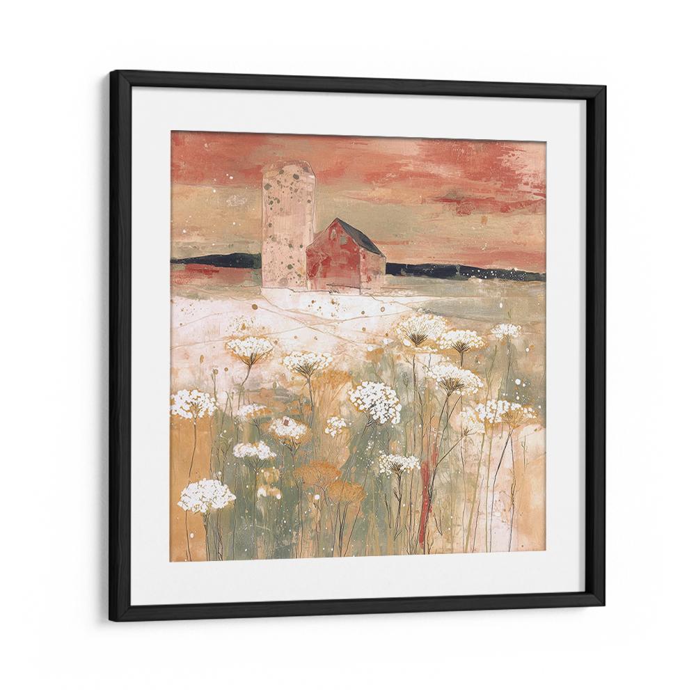 BARN AND SILO IN WILDFLOWER MEADOW