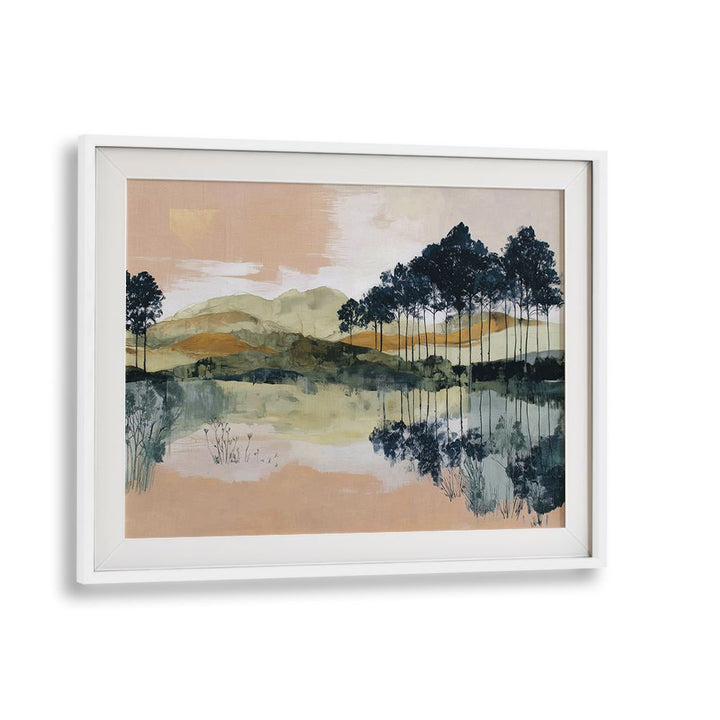 PINE TREES REFLECTED IN STILL LAKE