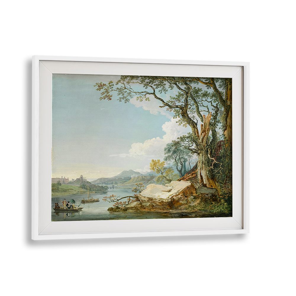 PEOPLE IN A BOAT ON A RIVER , VINTAGE LANDSCAPE
