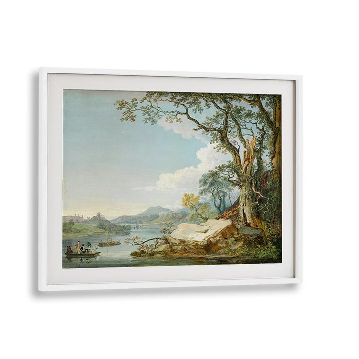 PEOPLE IN A BOAT ON A RIVER , VINTAGE LANDSCAPE