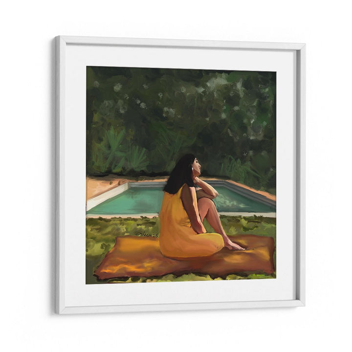 WOMAN RELAXING POOLSIDE