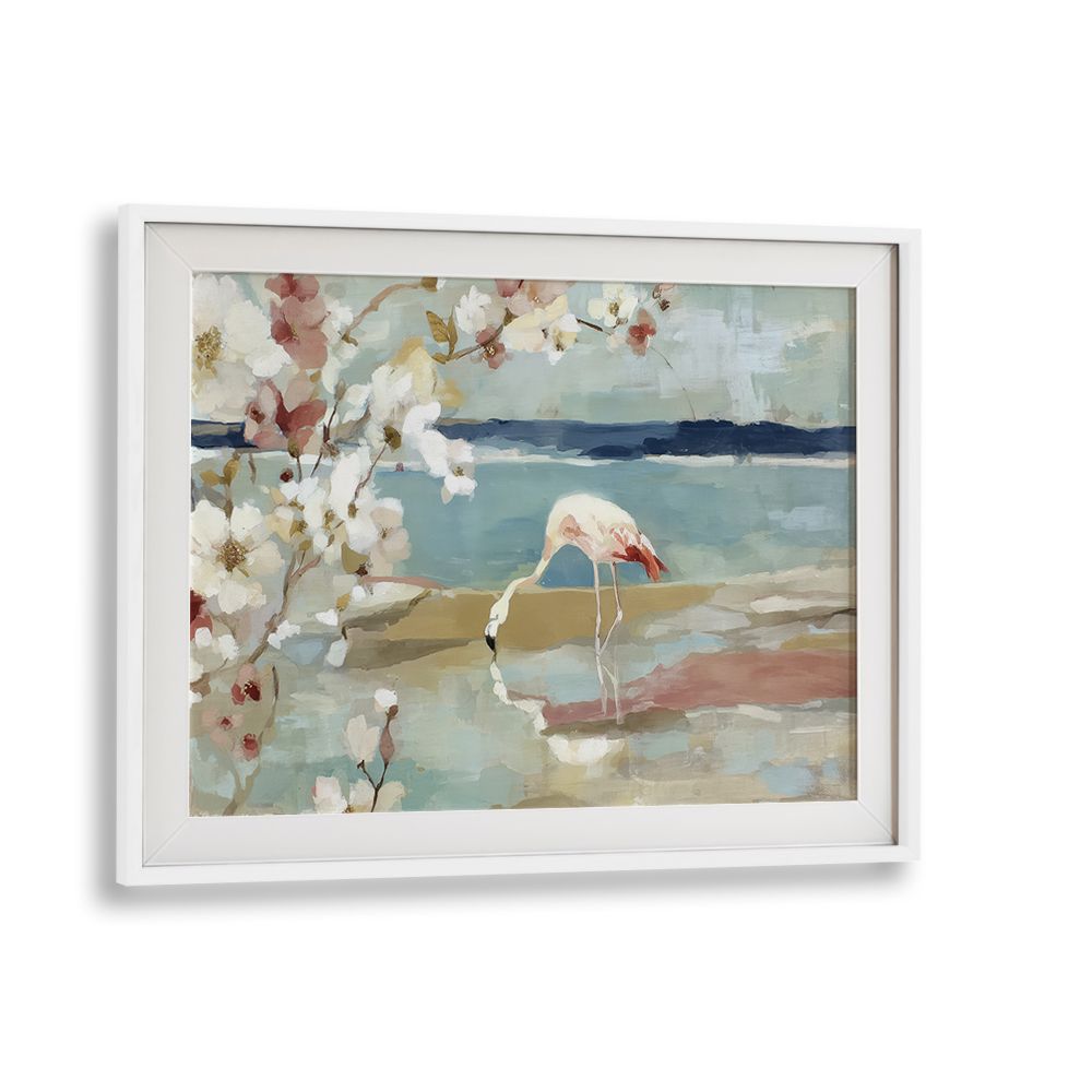 FLAMINGO UNDER CHERRY BLOSSOMS BY THE SHORE
