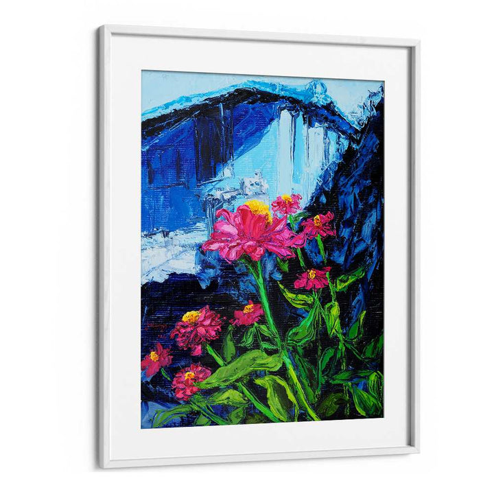 PINK ZINNIAS BLUE BACKDROP