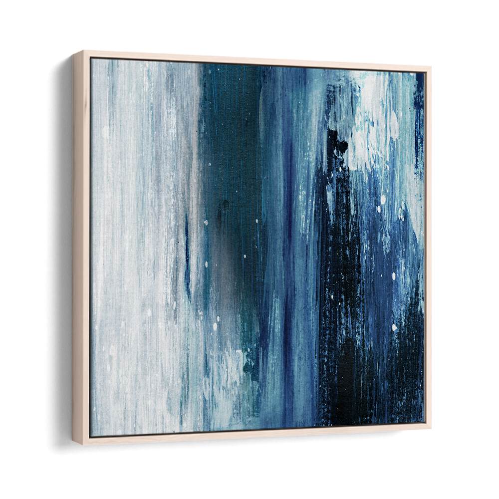 Stunning INDIGO I, ABSTRACT PAINTINGS by Dan Hobday, featuring rich blues in an elegant oak floater frame.