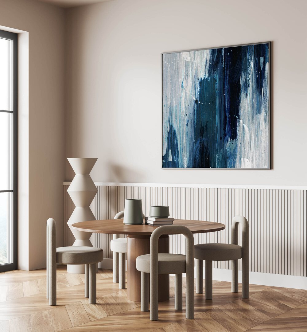Modern interior featuring INDIGO II, ABSTRACT PAINTINGS by Dan Hobday, enhancing elegance and sophistication in the space.