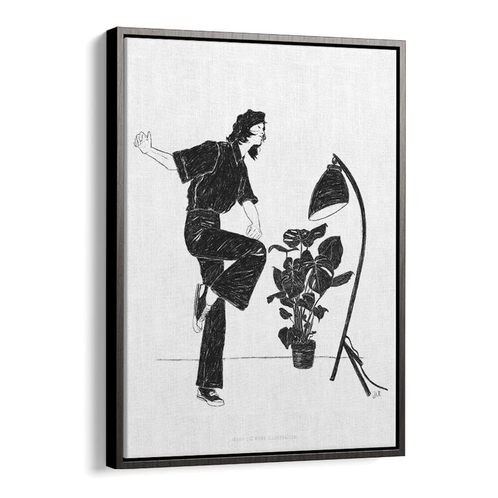 jlr dancing at home iv black and white portraits-figurative illustrations in Black Floater Frame