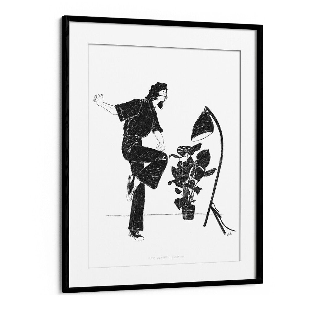 jlr dancing at home iv black and white portraits-figurative illustrations in Black Frame With Mount