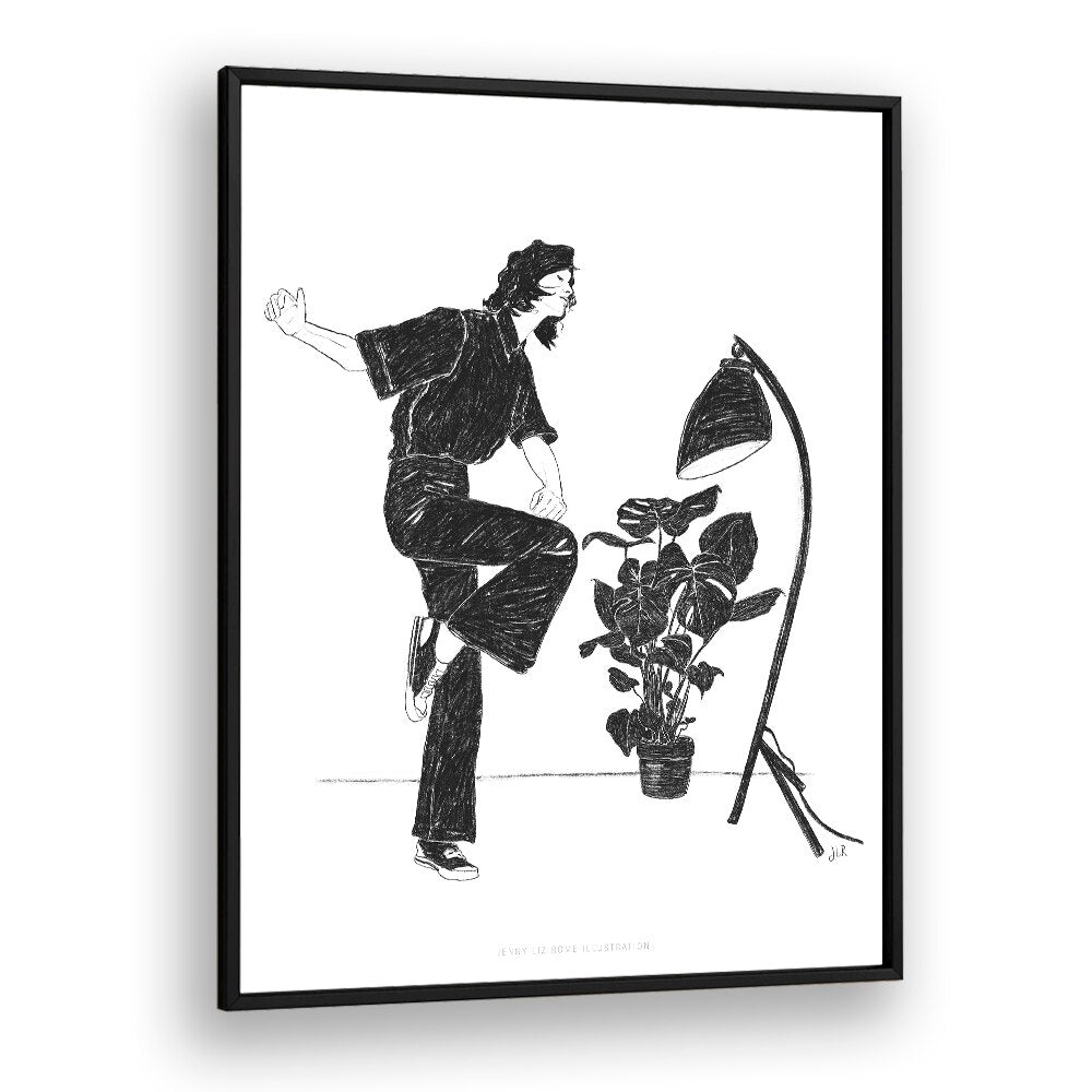 jlr dancing at home iv black and white portraits-figurative illustrations in Black Plain Frame