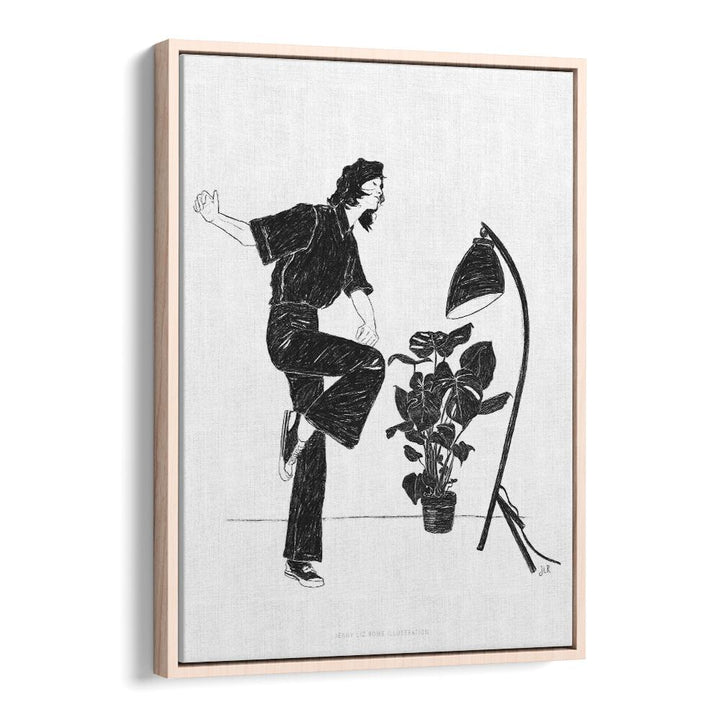 jlr dancing at home iv black and white portraits-figurative illustrations in Oak Wood Floater Frame