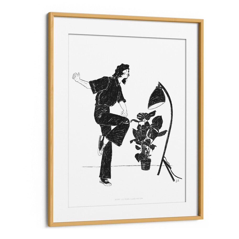 jlr dancing at home iv black and white portraits-figurative illustrations in Oak Wood Frame With Mount