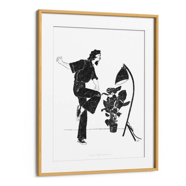 jlr dancing at home iv black and white portraits-figurative illustrations in Oak Wood Frame With Mount