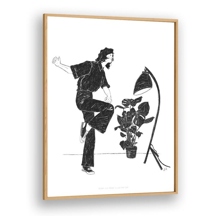 jlr dancing at home iv black and white portraits-figurative illustrations in Oak Wood Plain Frame