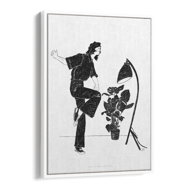 jlr dancing at home iv black and white portraits-figurative illustrations in White Floater Frame