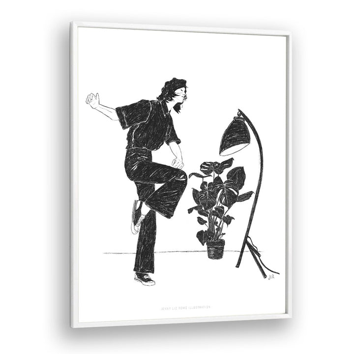 jlr dancing at home iv black and white portraits-figurative illustrations in White Plain Frame