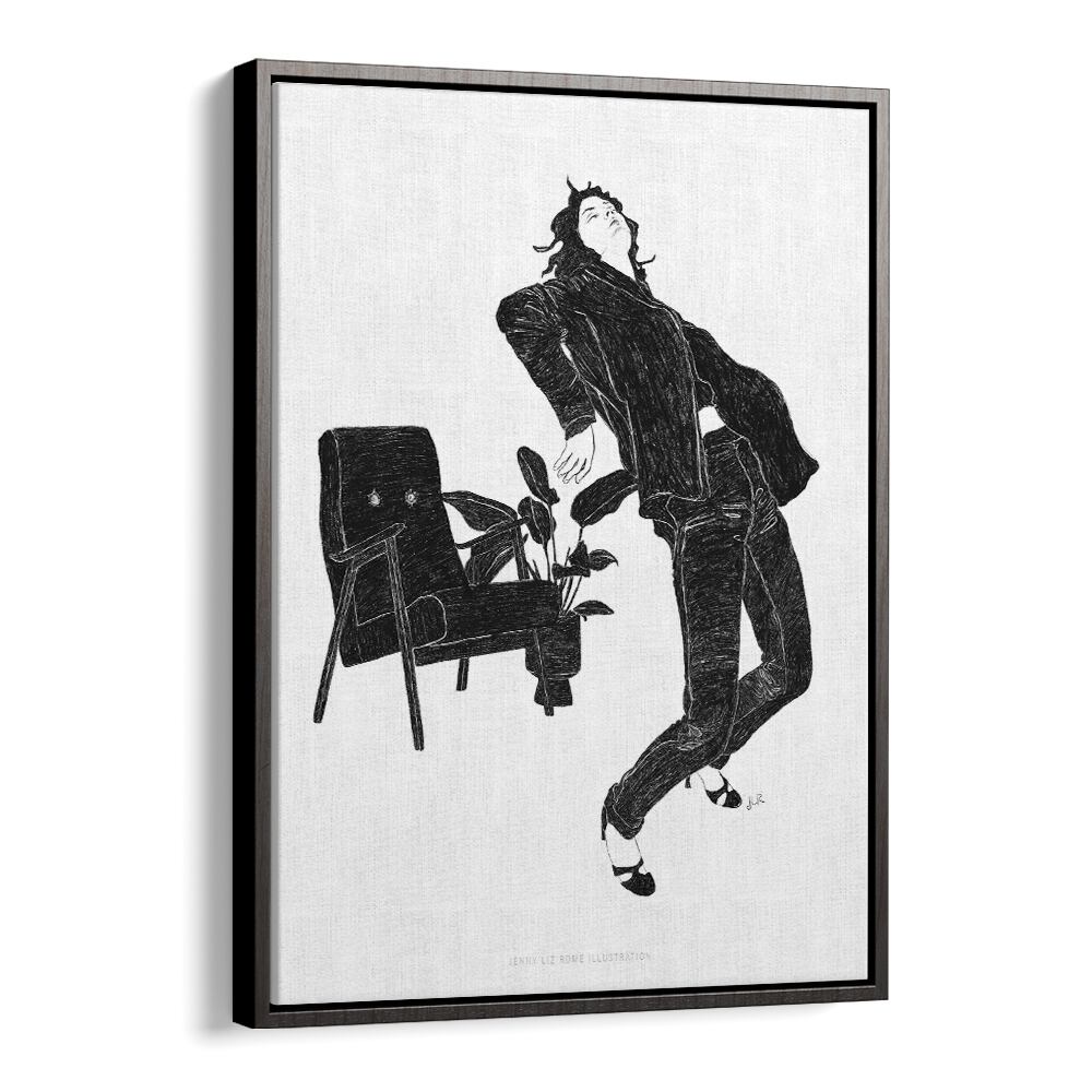 jlr dancing at home vi black and white portraits-figurative illustrations in Black Floater Frame