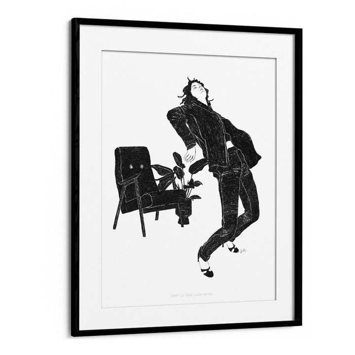 jlr dancing at home vi black and white portraits-figurative illustrations in Black Frame With Mount