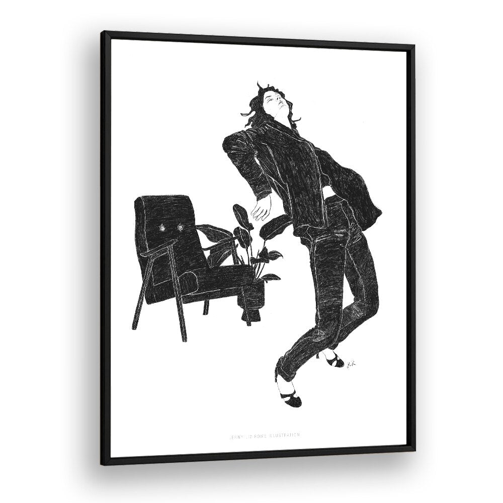 jlr dancing at home vi black and white portraits-figurative illustrations in Black Plain Frame