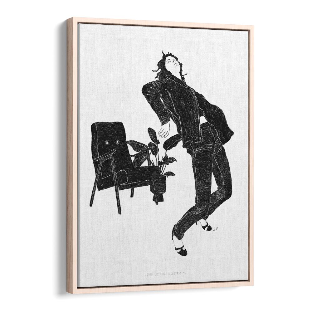 jlr dancing at home vi black and white portraits-figurative illustrations in Oak Wood Floater Frame