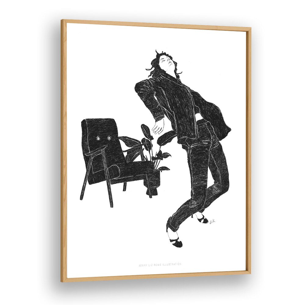 jlr dancing at home vi black and white portraits-figurative illustrations in Oak Wood Plain Frame