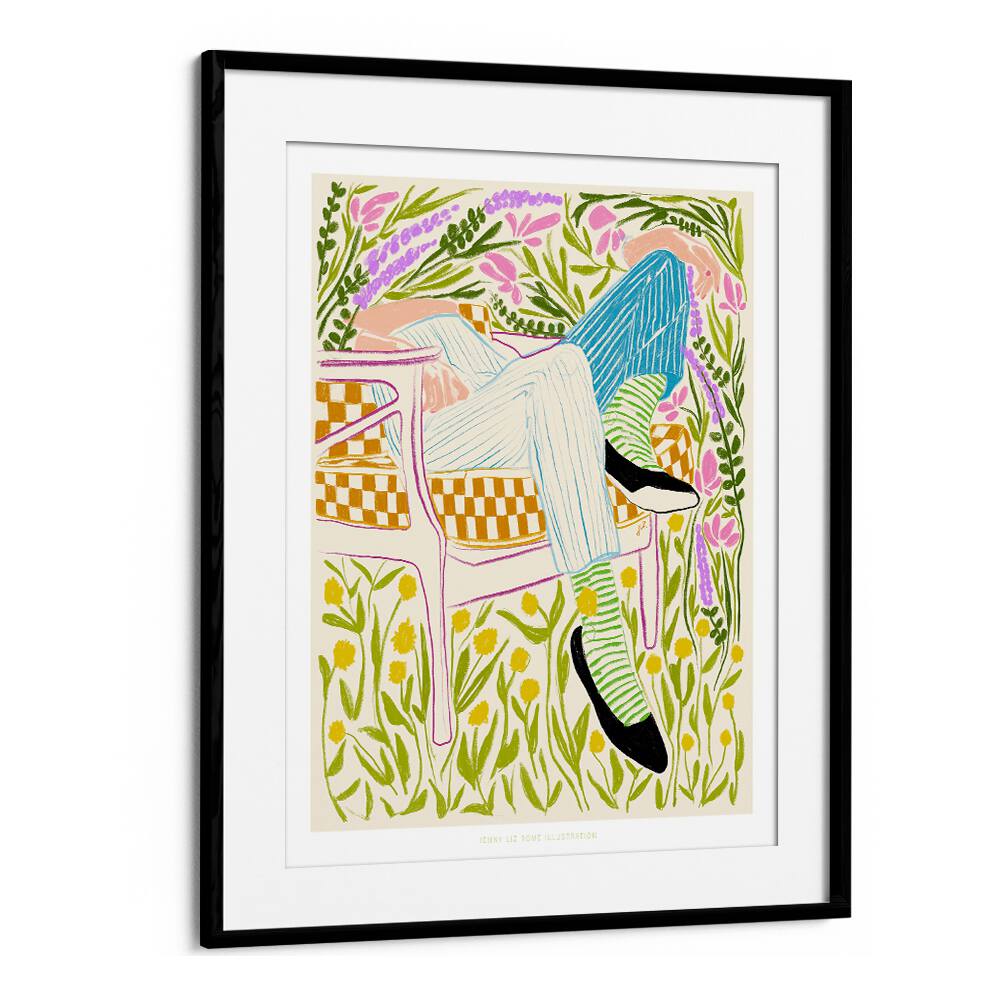 jlr quiet in the garden ii portraits-figurative illustrations in Black Frame With Mount