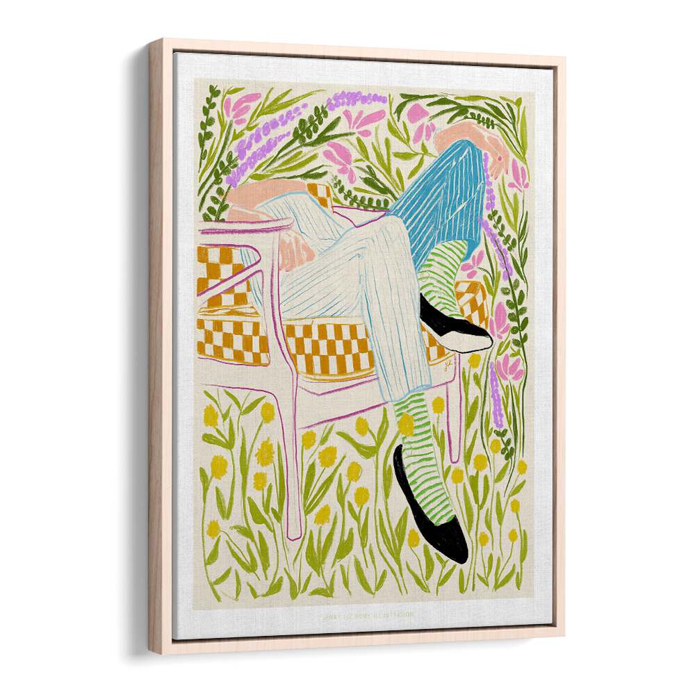 jlr quiet in the garden ii portraits-figurative illustrations in Oak Wood Floater Frame